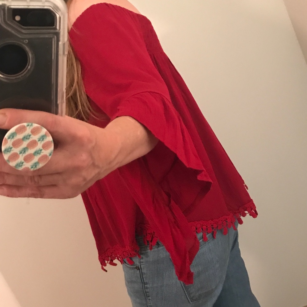Bohemian off shoulder red chiffon blouse top - Picture 5 of 5
